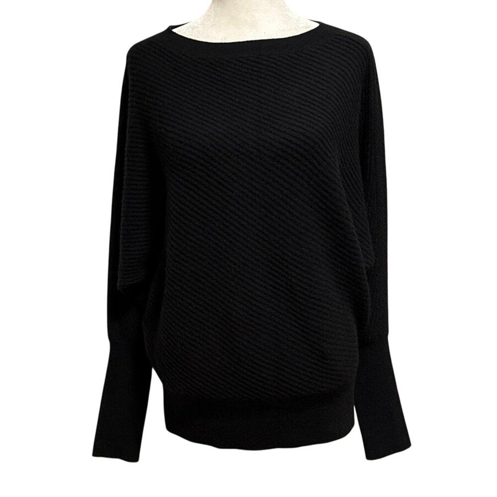 Garnet Hill Size M 100% Cashmere Sweater Ribbed Doan Sleeves Crewneck Black